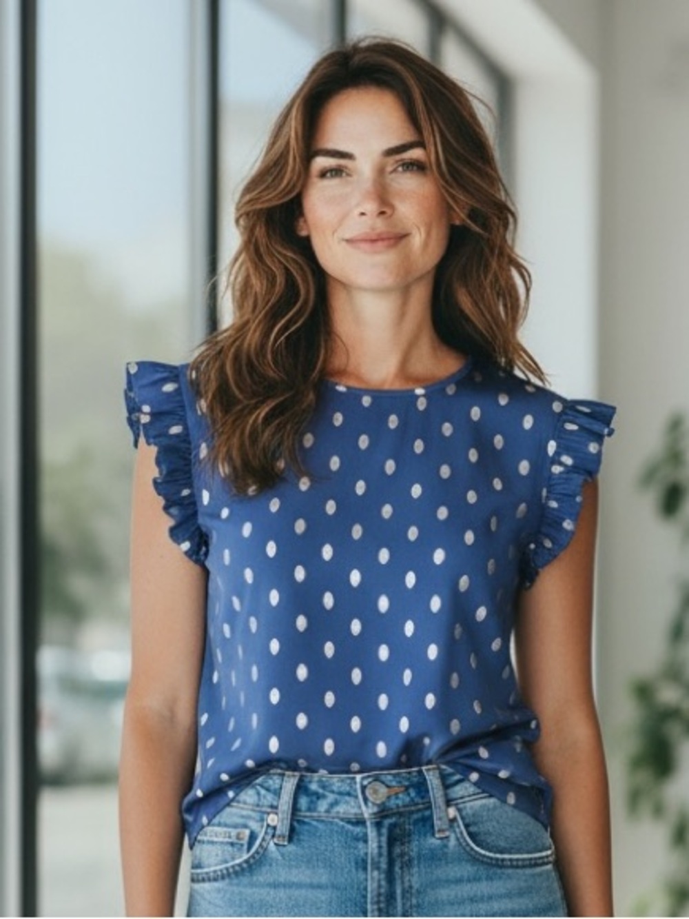 Navy Gold Foil Polka Dot Ruffle Sleeve Top size XL